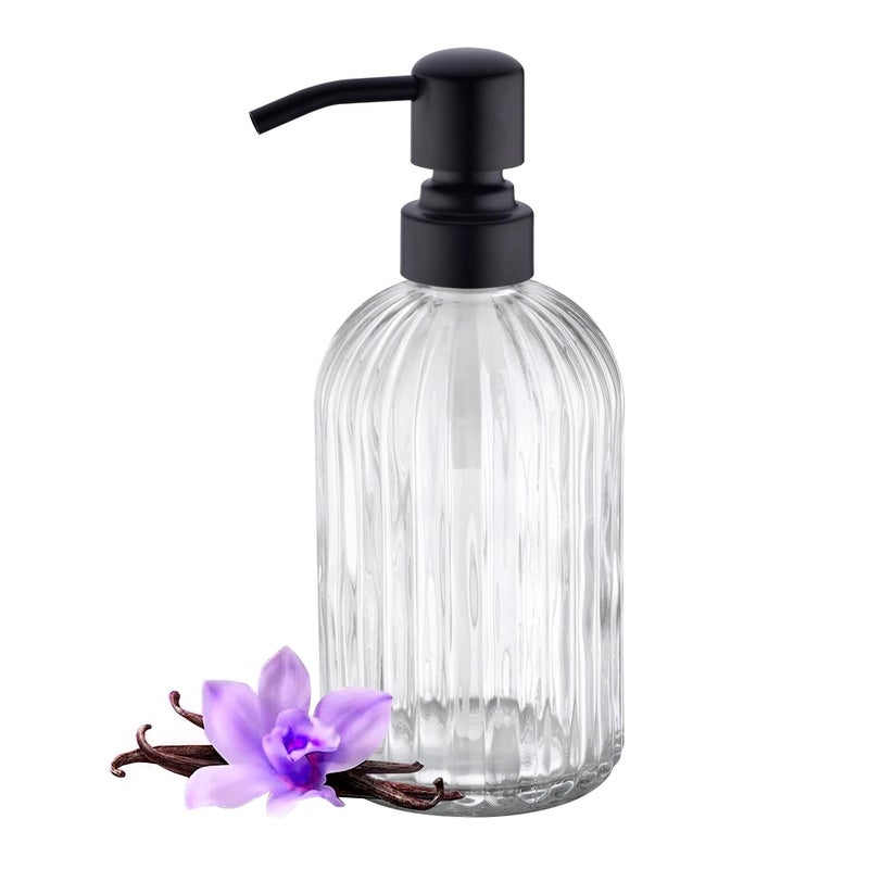 Leetcp 16Oz Bathroom Glass Soap Dispenser with Black Rust Proof Pump,Premium Kitchen Soap Dispenser with Vertical Stripe, Lotion Dish Dispenser for Modern Home Decor, Countertop, Hotel - Image 1
